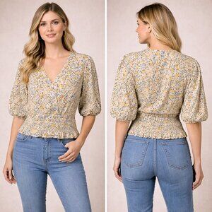 Sim and Sam floral v-neck, smocked waist, cropped, elbow sleeve blouse XL